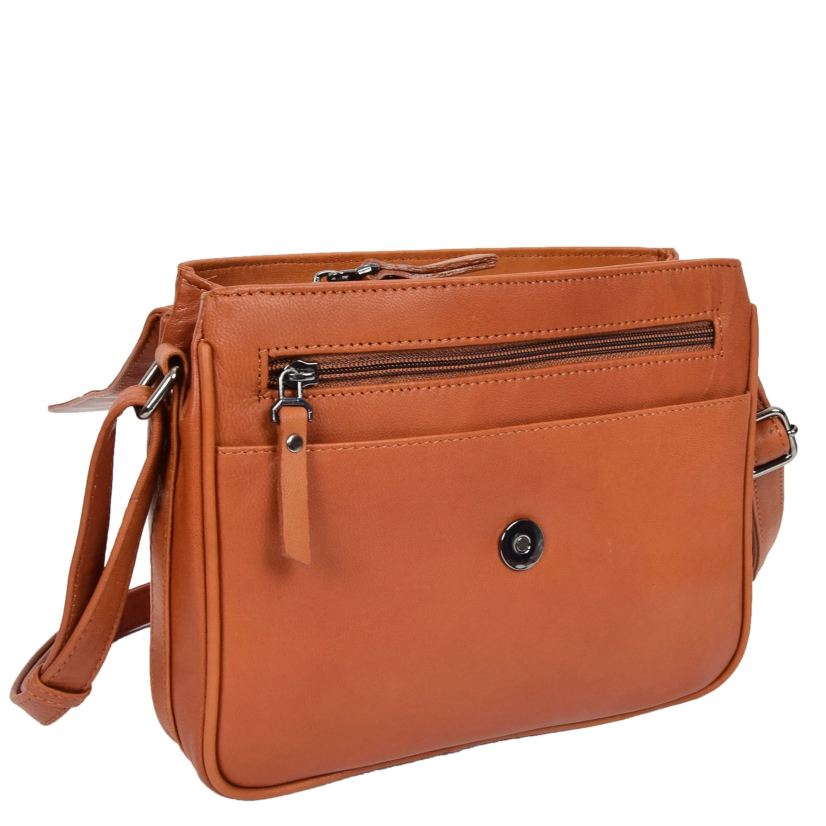 Womens Leather Cross Body Bag Casual Flap over Organiser HOL324 Cognac