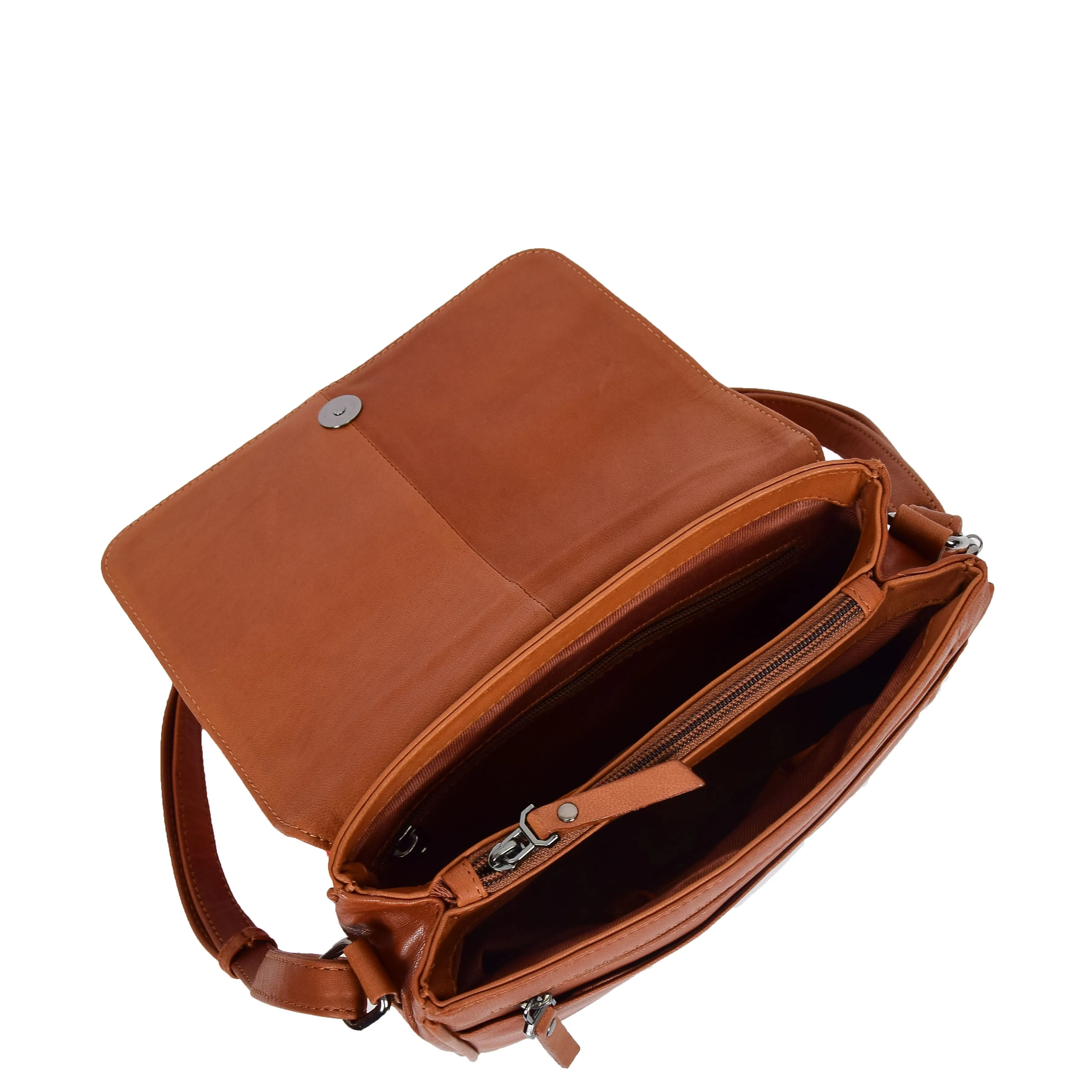 Womens Leather Cross Body Bag Casual Flap over Organiser HOL324 Cognac