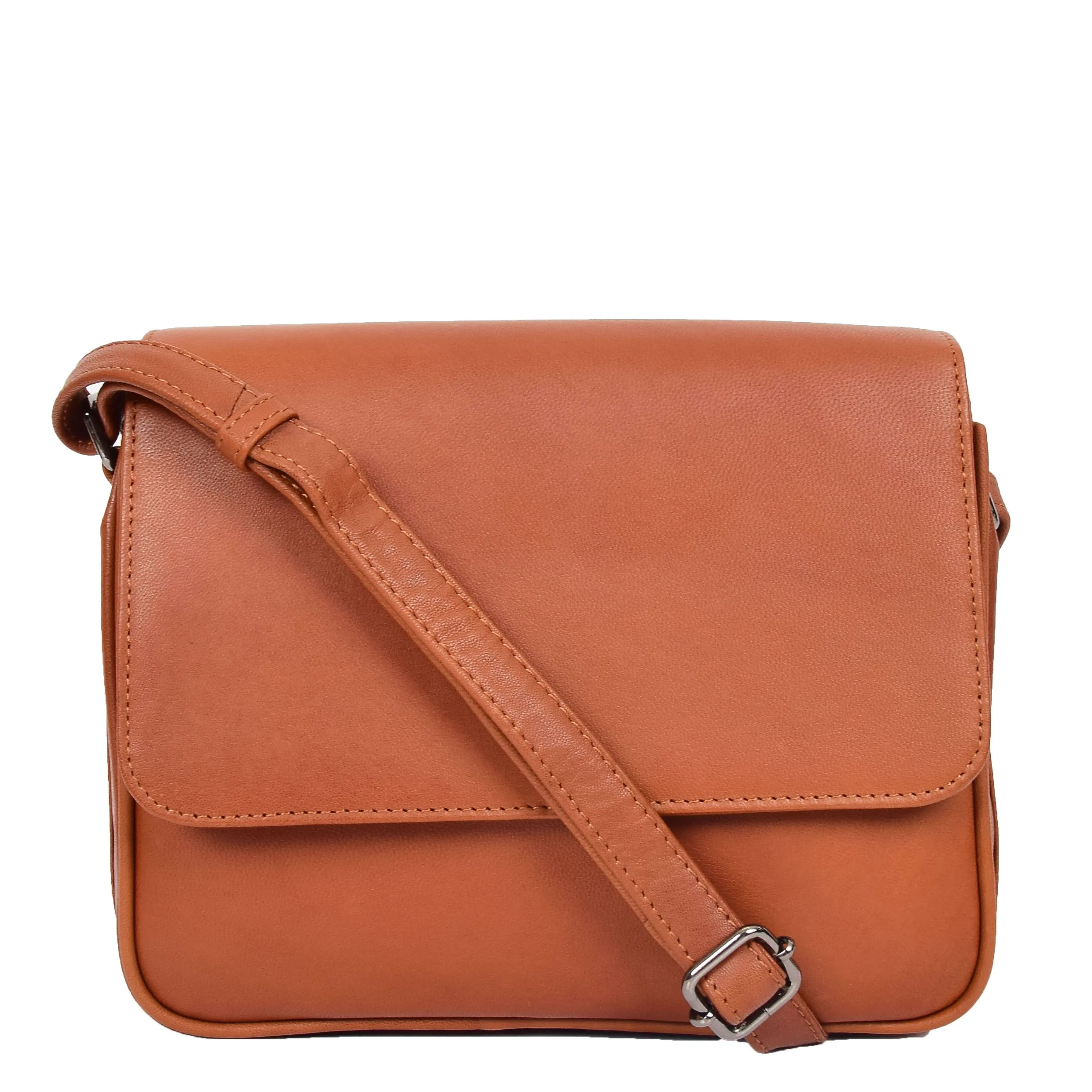 Womens Leather Cross Body Bag Casual Flap over Organiser HOL324 Cognac