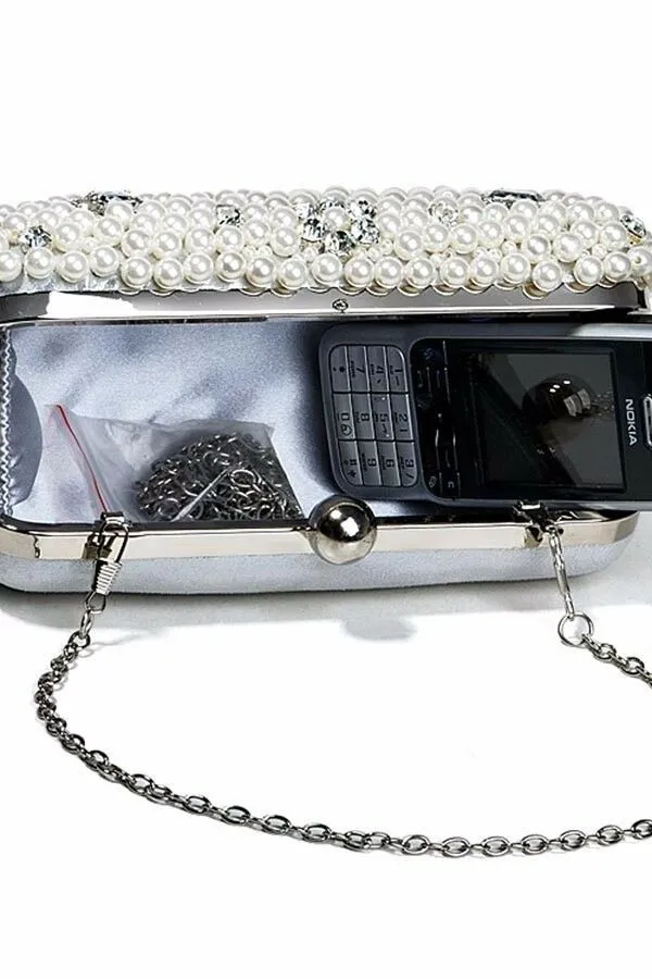 Womens Silver Clutch Hand Bag Pearls Diamante Wedding Bridal