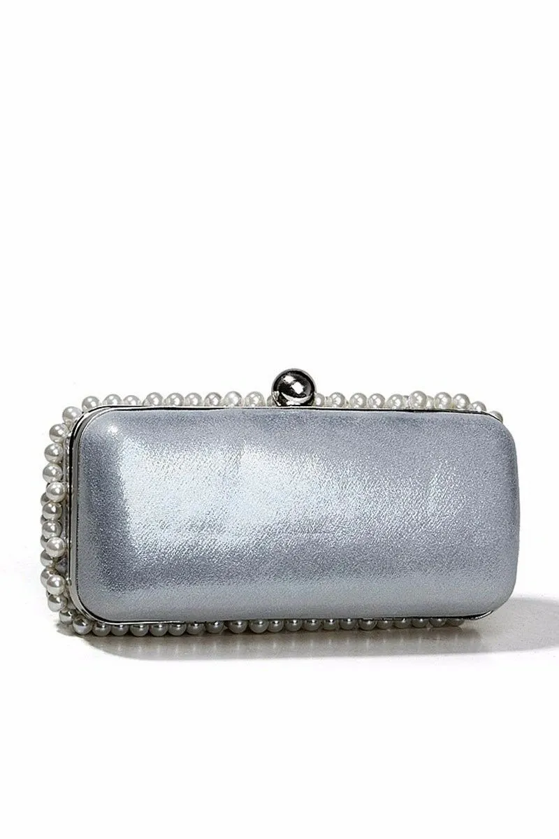 Womens Silver Clutch Hand Bag Pearls Diamante Wedding Bridal