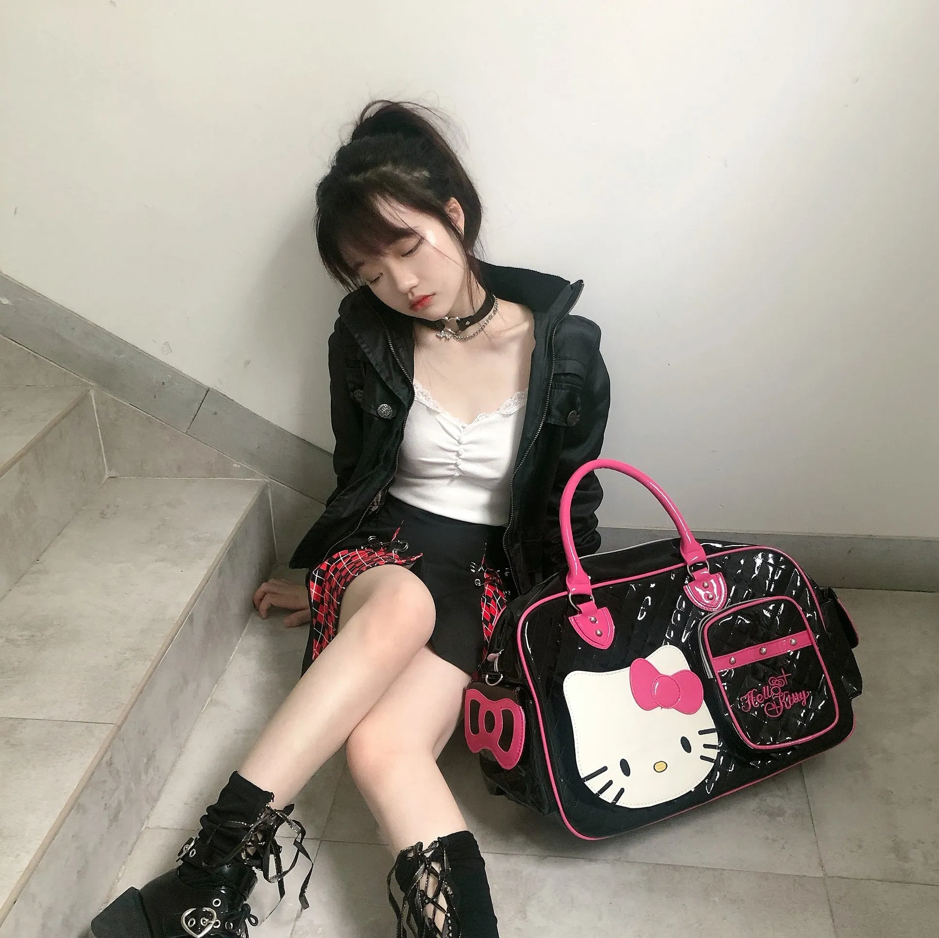 Y2K Punk Goth Kitty Cat Black Pink Large Capacity Travel Duffel Bag