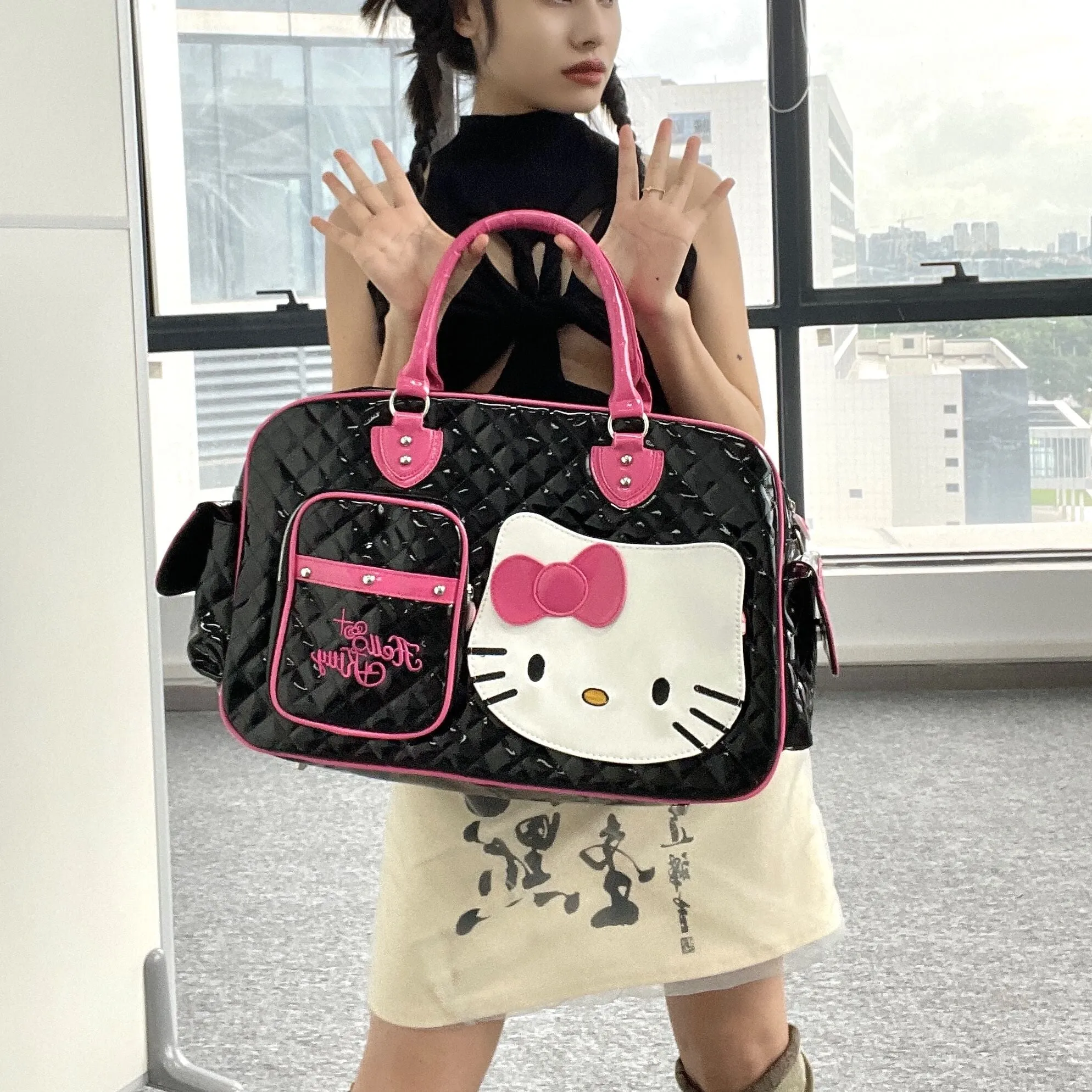 Y2K Punk Goth Kitty Cat Black Pink Large Capacity Travel Duffel Bag