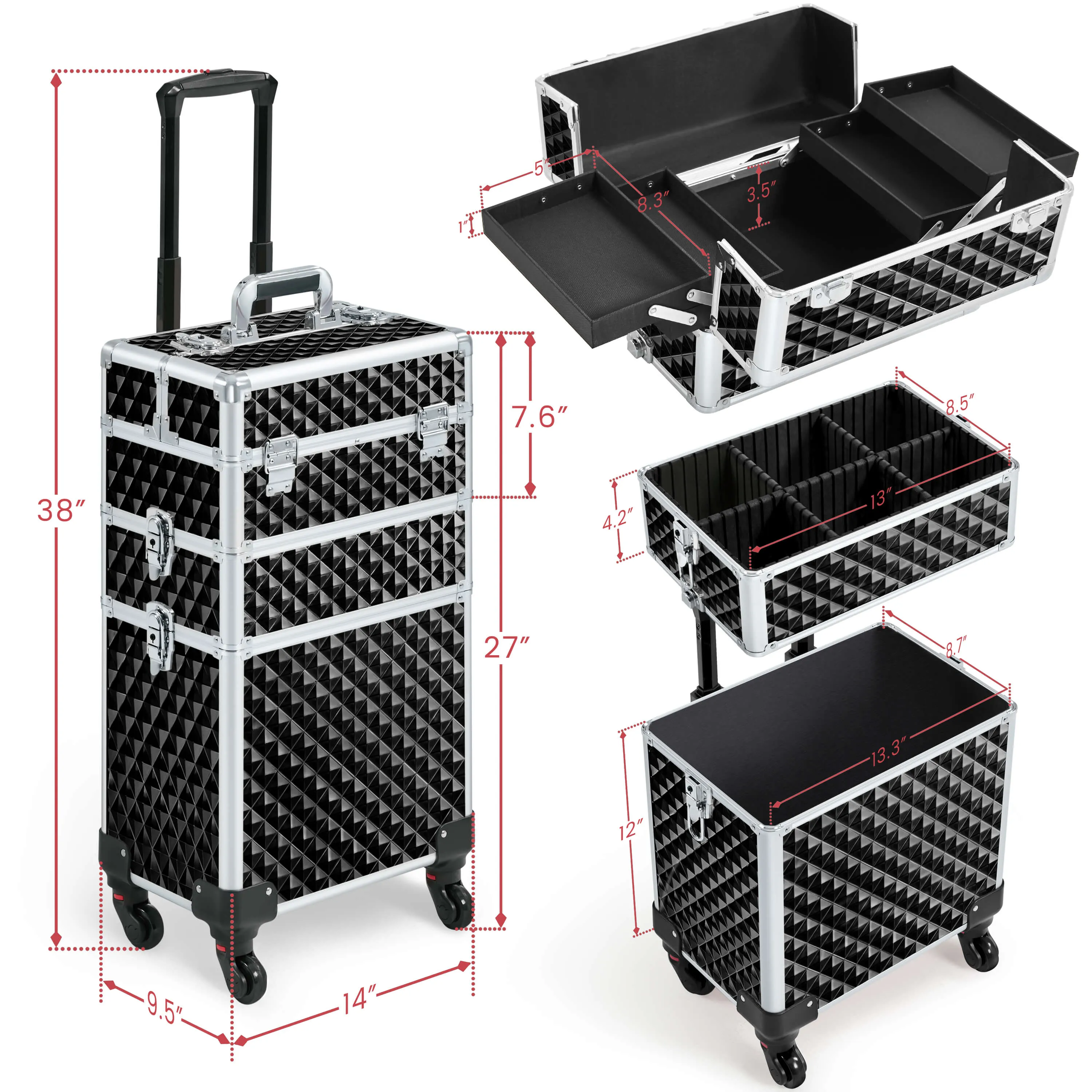 Yaheetech 3-in-1 Rolling Makeup Train Case